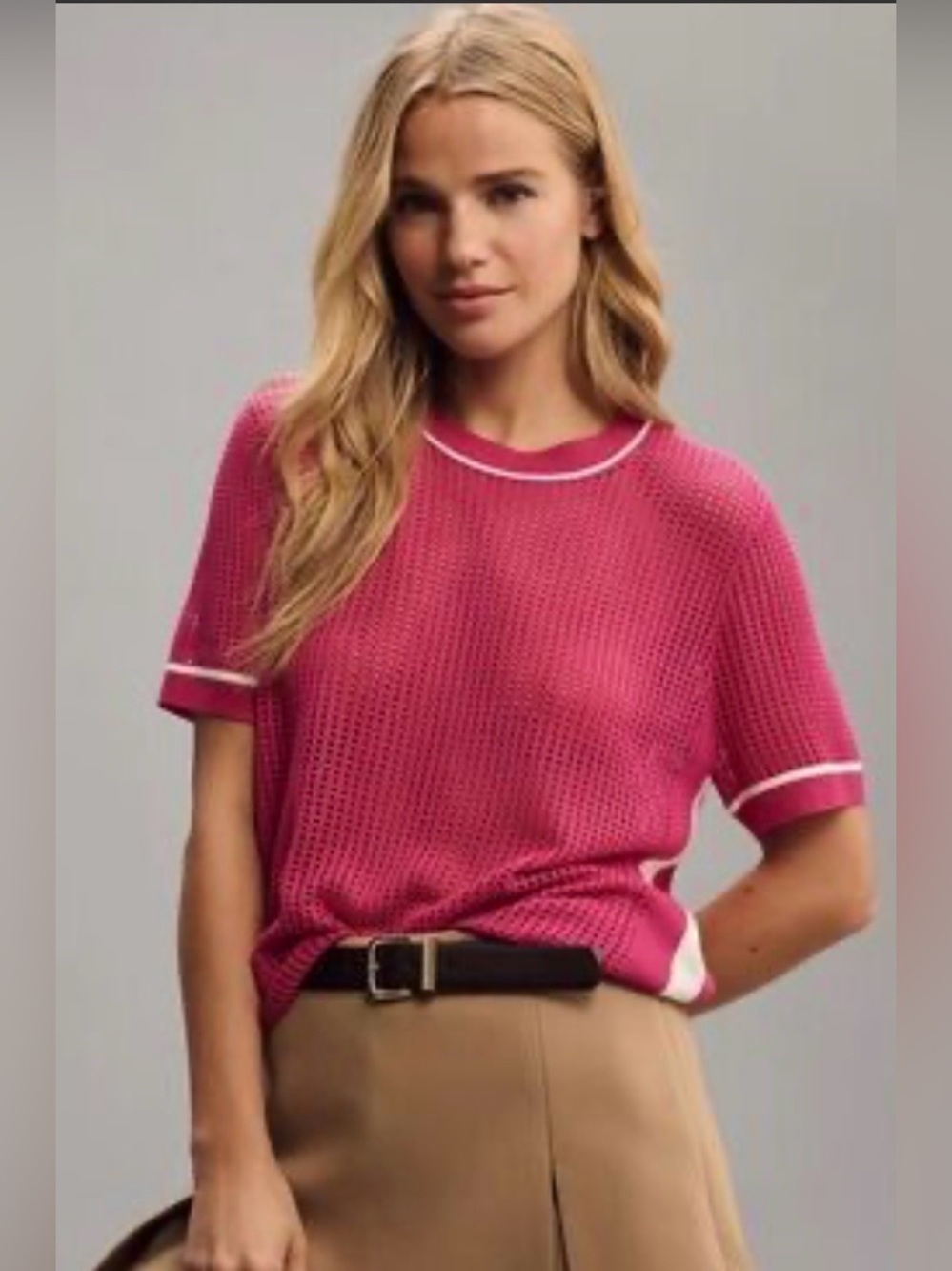 Anthropologie Raspberry Pink Short-Sleeve Knit Top with White Trim